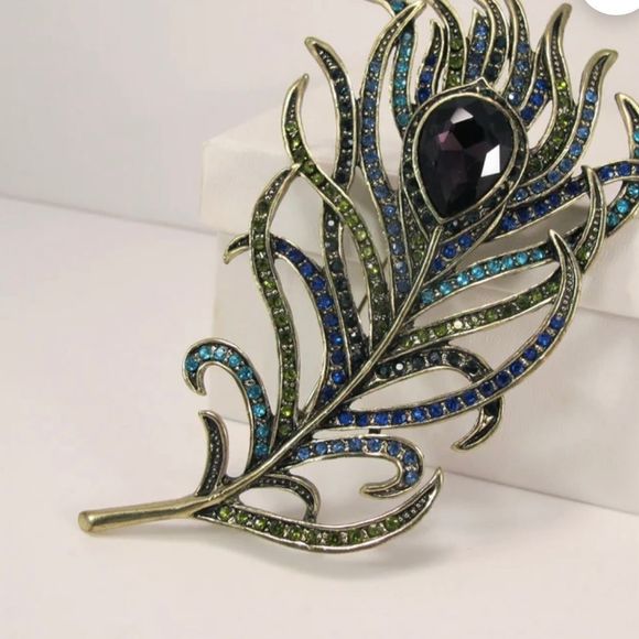 Heidi Daus Art Nouveau feather shaped brooch size 4.25”x2 3/8” antique brass - Picture 4 of 9